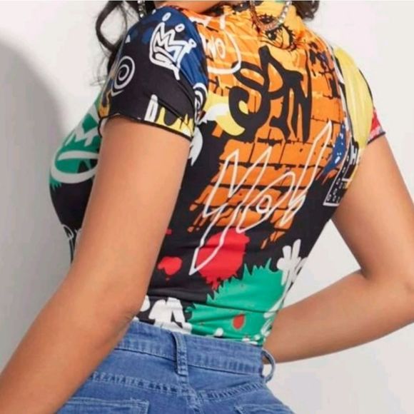 Multi-Color Graphic Mock Neck Bodysuit - Picture 4 of 5